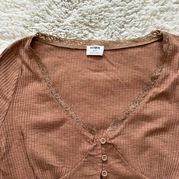 Cotton On Brown Long Sleeve Crop Top With Lace Trim Lining Women's Size Small - Picture 3 of 9